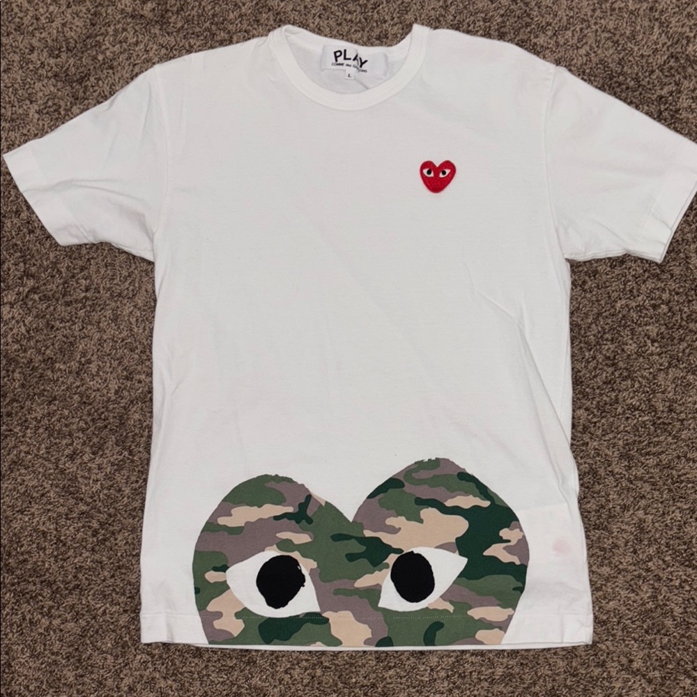 White T-Shirt with Red Heart and Camo Design